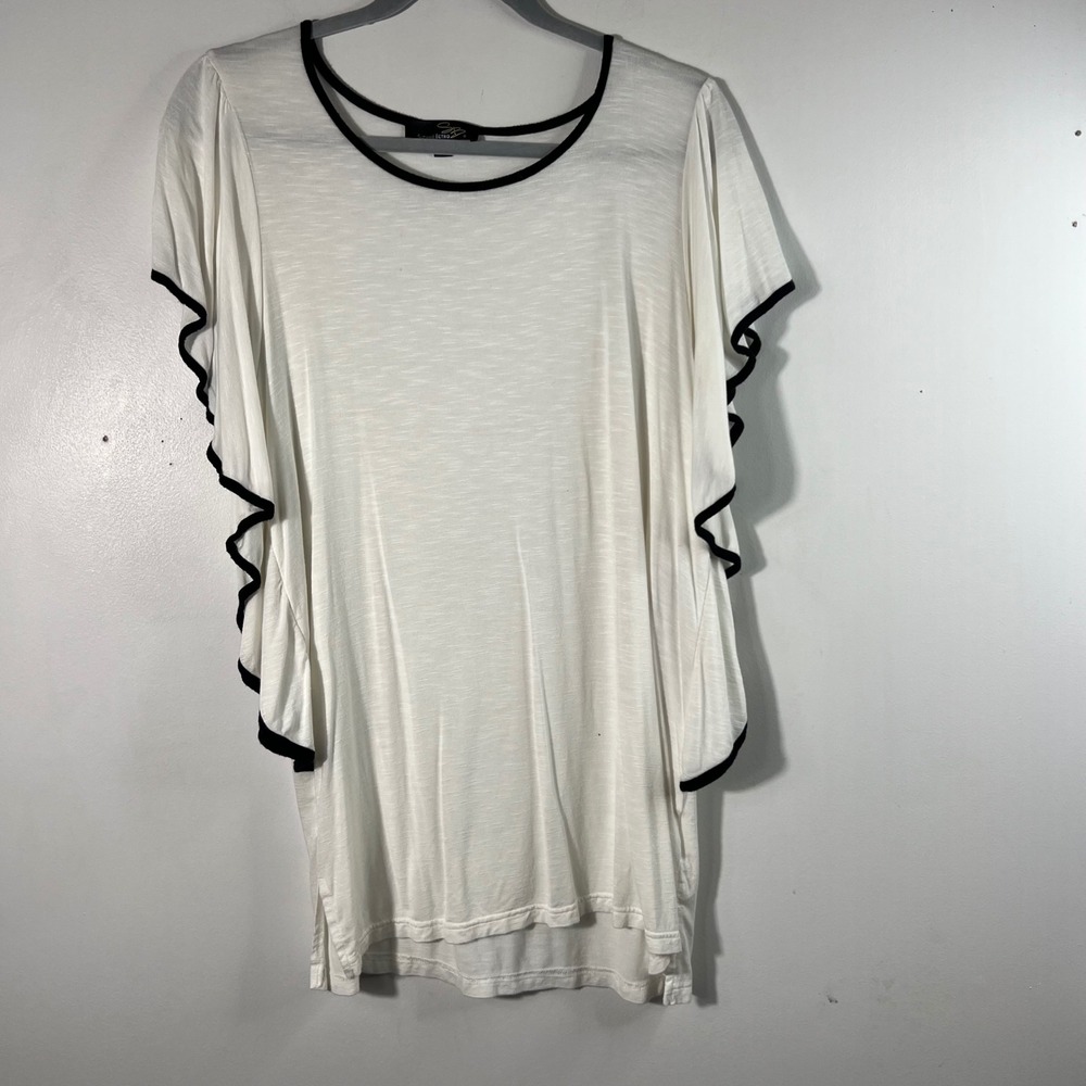 Womens Suzanne Betro Round Neck Flutter Sleeve Knit Tunic Ruffle Side White L